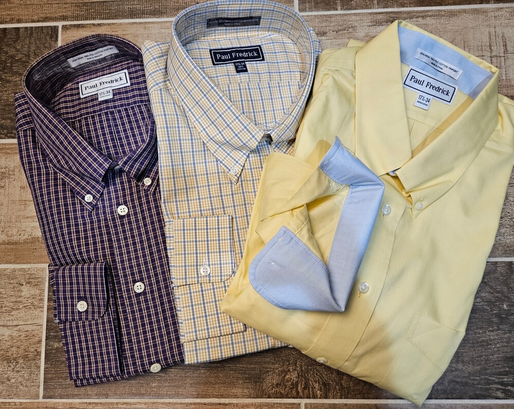 Lot of 3 NIP Paul Fredrick Dress Shirts 17.5 34 Two-Ply Cotton Non-Iron Contrast